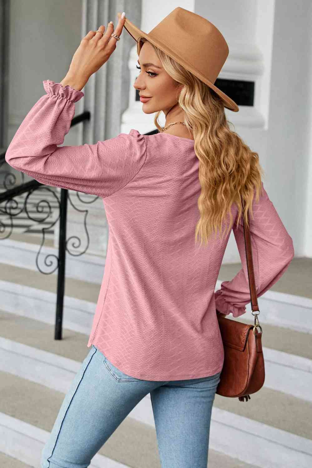 Round Neck Flounce Sleeve Blouse