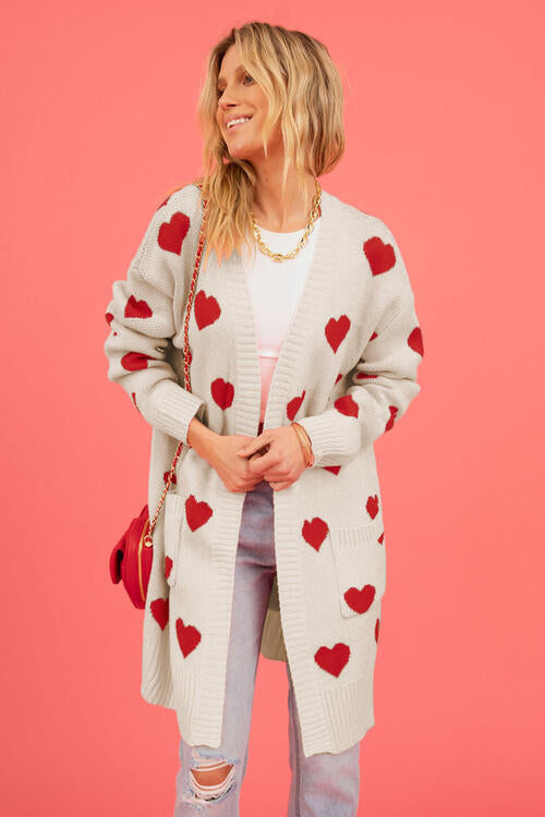 Heart Graphic Open Front Cardigan with Pockets