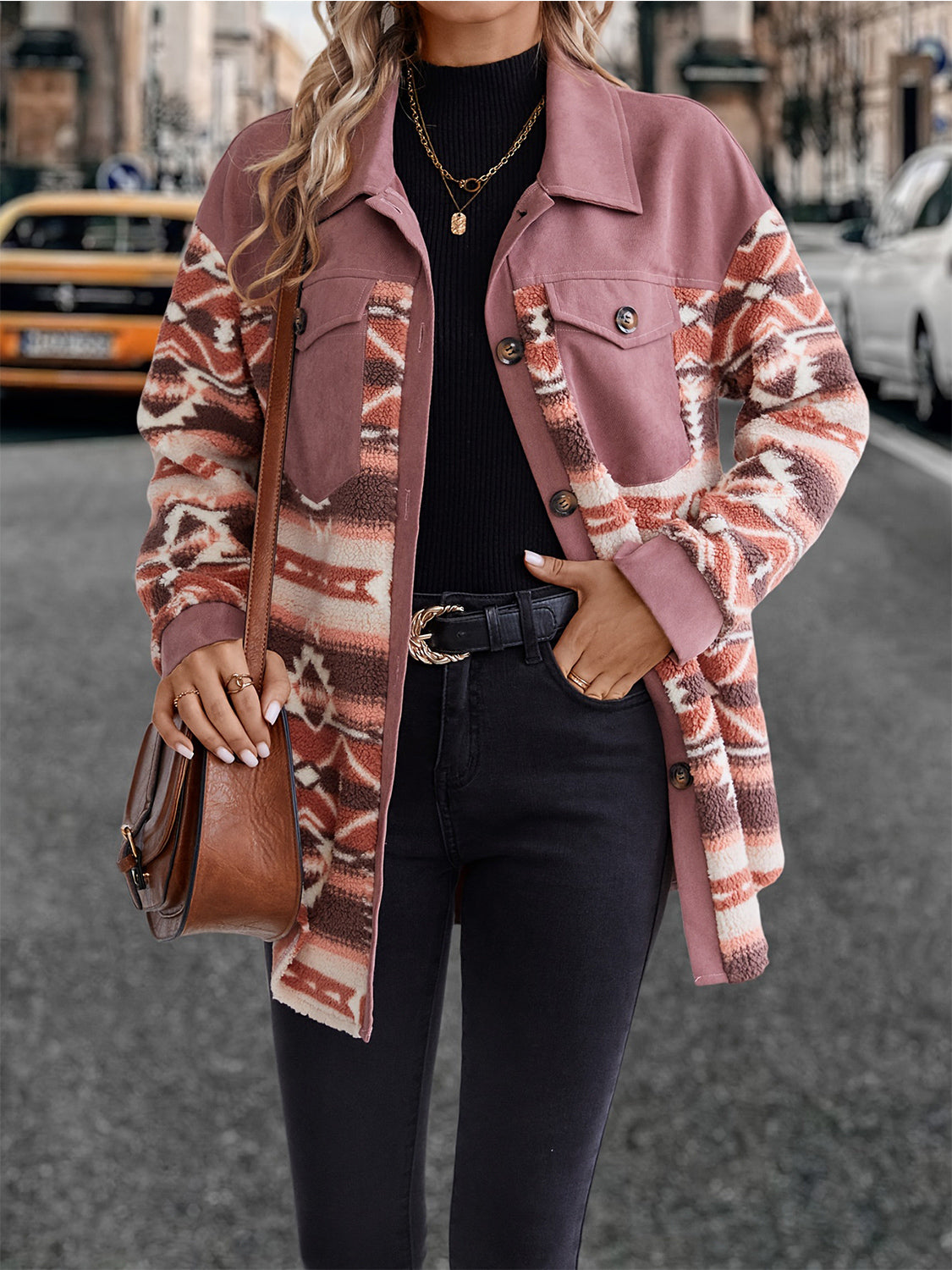 Geometric Collared Neck Buttoned Jacket