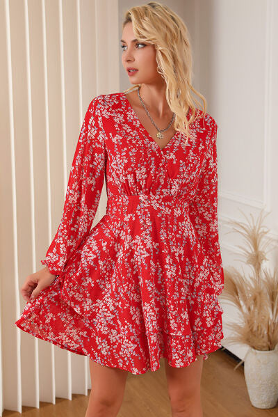 Printed Surplice Balloon Sleeve Layered Dress